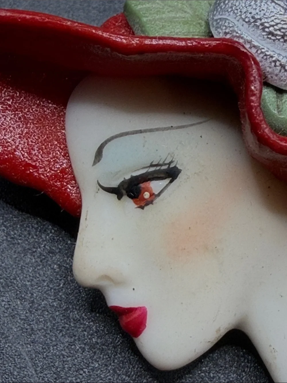 Vintage Hand Painted Art Deco Floppy Hat Lady Bust Head Brooch Pin Jewelry